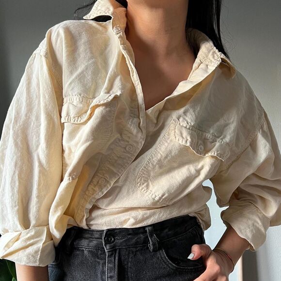Vtg 90s minimlist button down blouse cotton ramie Oversized Long Sleeve Medium - Picture 3 of 10